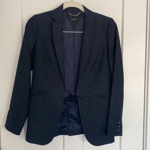 Massimo Dutti Dark Navy Checked Single-Button Blazer